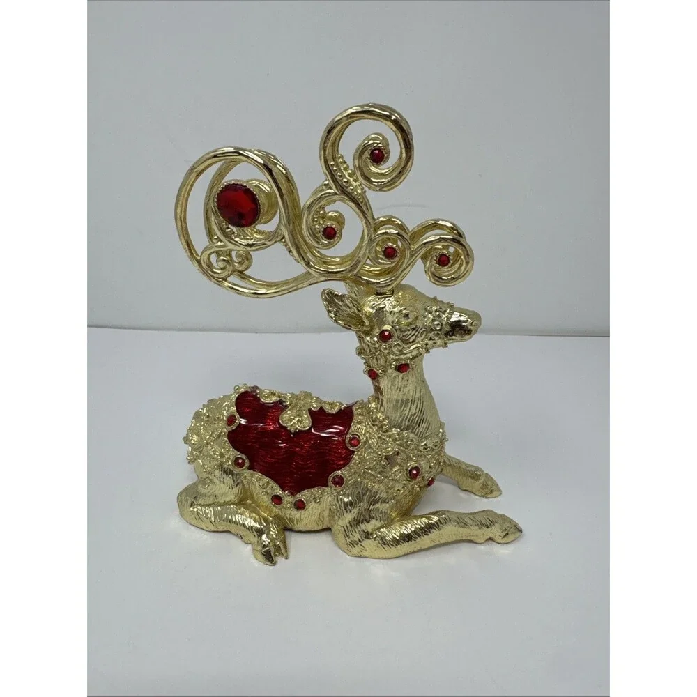 Vintage Dillard's Trimmings Collection Pewter Christmas Deer Jewels Red Gold